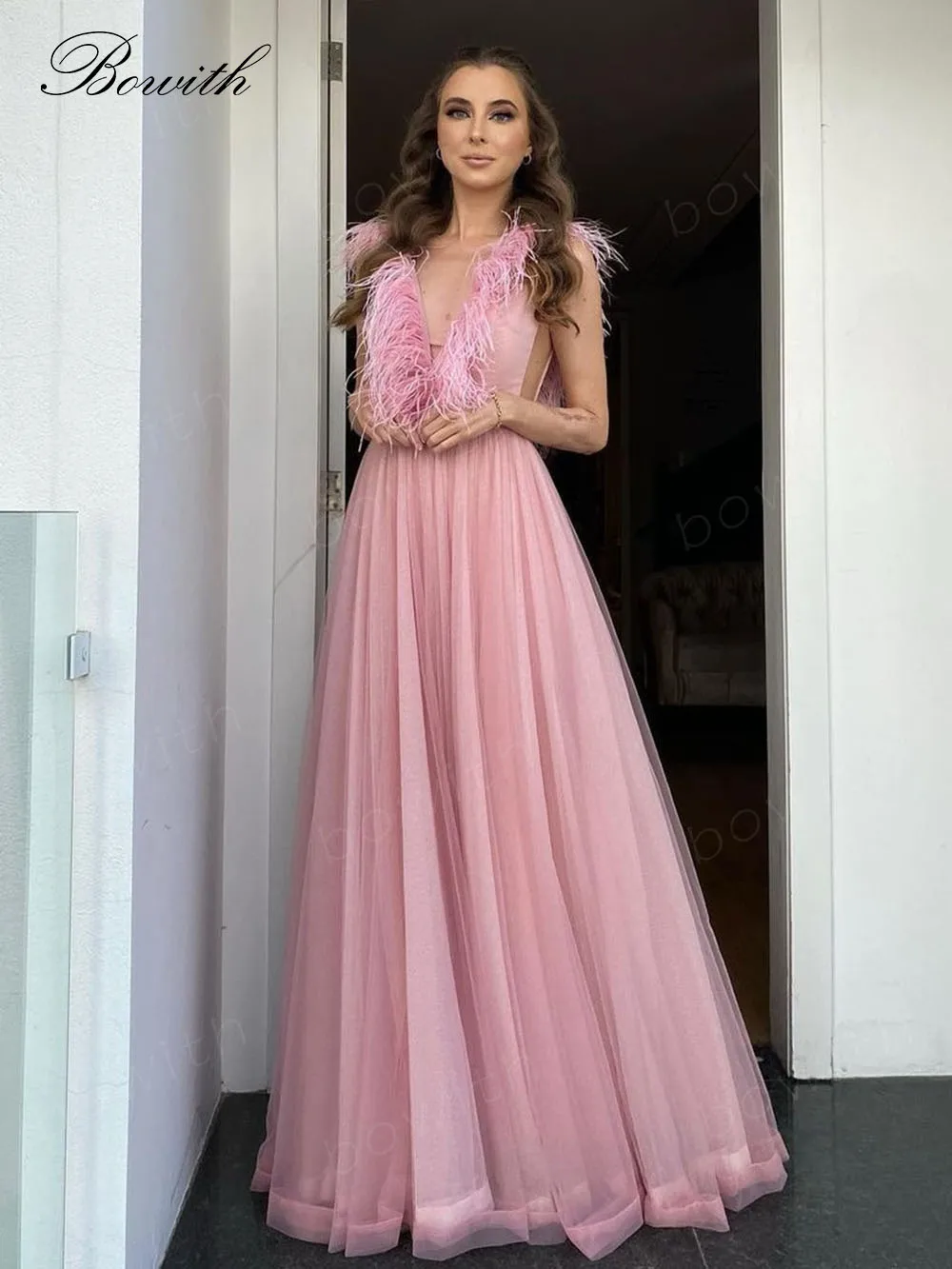 

Bowith Blush Evening Party Dresses for Women Feather A Line Prom Dresses 2023 Luxury Dress for Gala Party Engagement Dresses