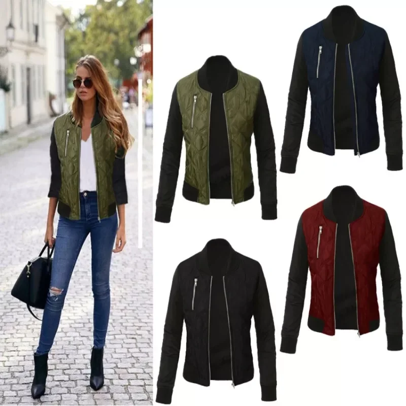 

Winter Leisure Fashion Solid Women O-neck Zipper Stitching Quilted Bomber 2022 New Women Coats