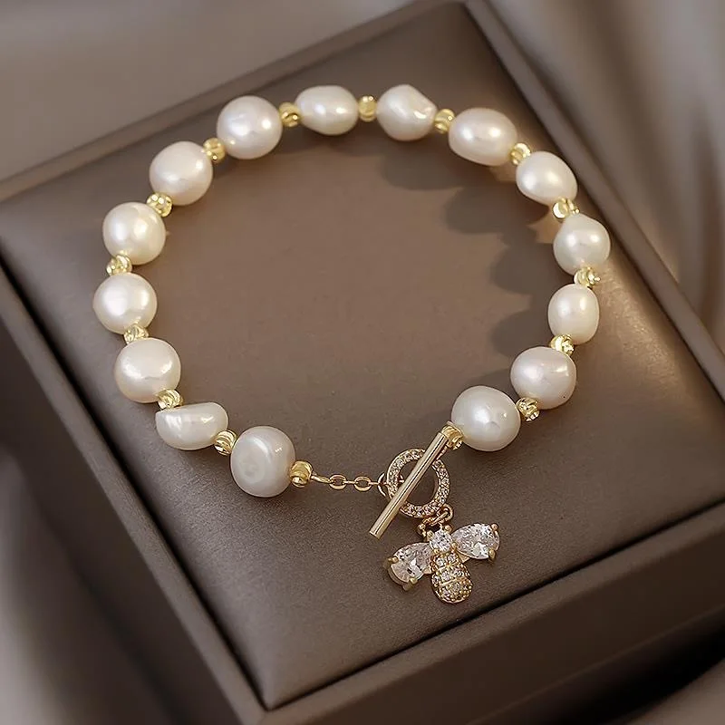 2023 Korean New Design Fashion Jewelry Natural Pearl Luxury Bee Zircon Adjustable Female Prom Party Bracelet Charm Bracelet