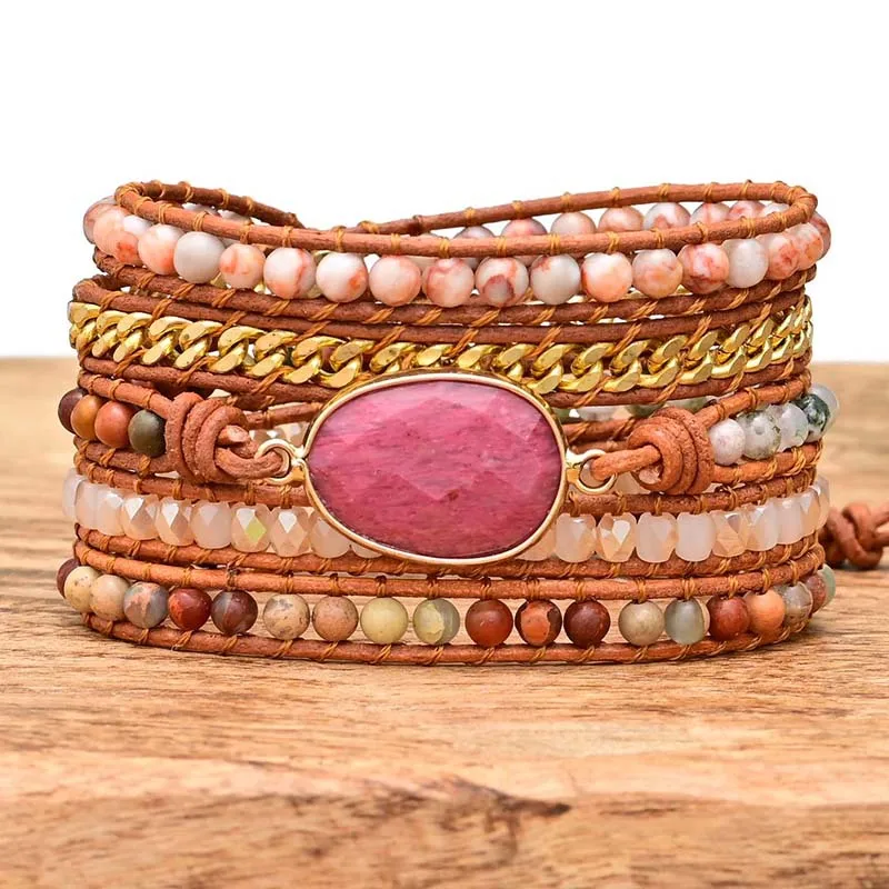 

Creative Natural Crystal Cave Stone Gems Bead Boho 5X Wrap Rope Wristband Hand Woven Bracelet Popular Accessories Jewelry