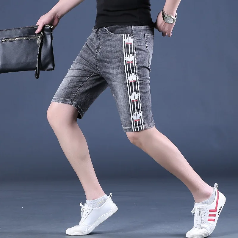 Summer Gray Shorts Men Fashion Side Stripe Printed Jeans Streetwear Casual Regular Straight Denim Shorts