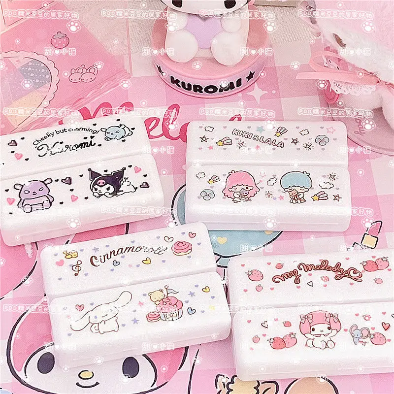 

Kawaii Sanrios Accessories Cinnamoroll Kuromi Mymelody Little Twin Stars Cartoon Cute Magnetic Lid Pill Box Portable Girls Gift