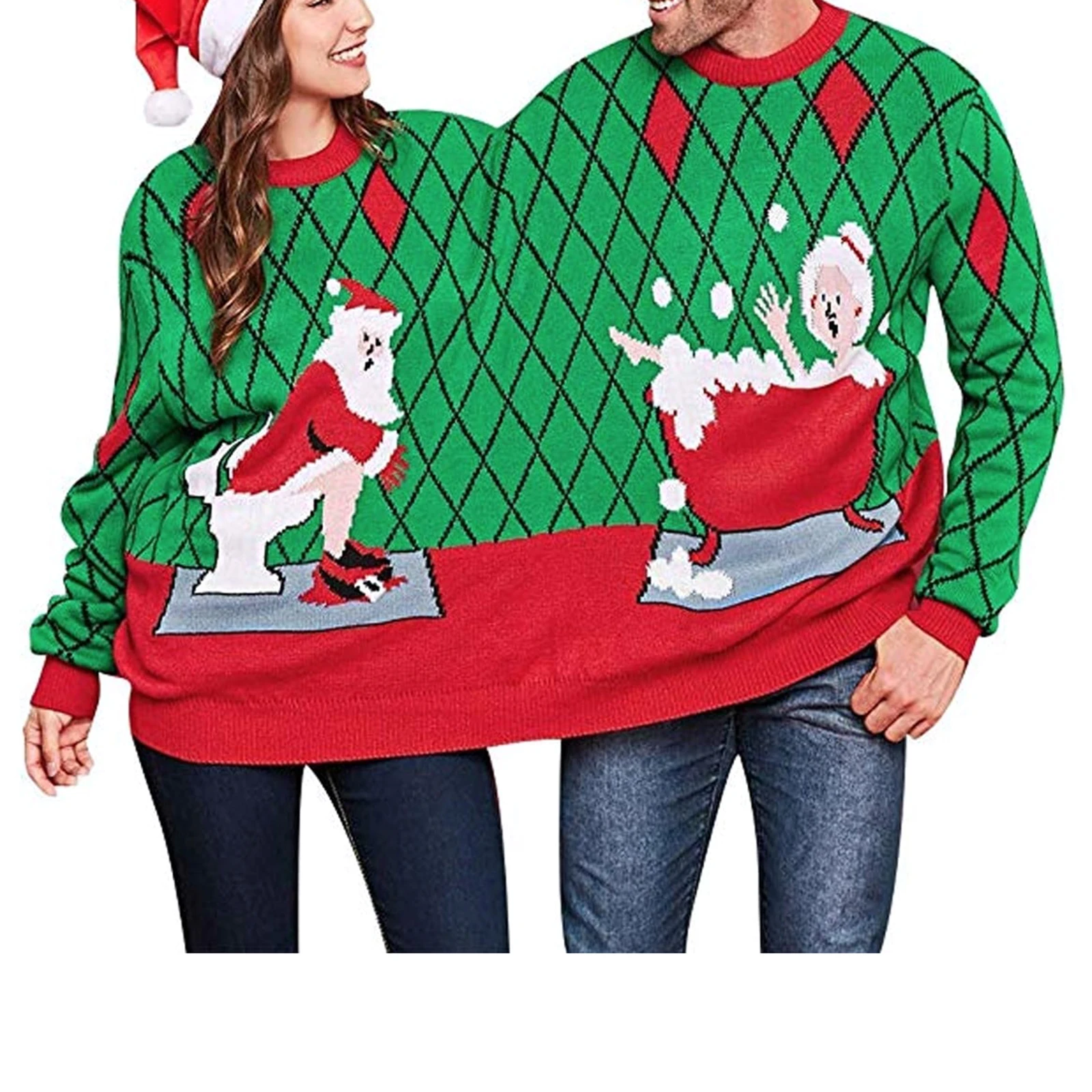 

Two Person Ugly Christmas Pullover Women Men Conjoined Twin Christmas Patterns Printed Funny Couples Sweatshirt Valentines Day