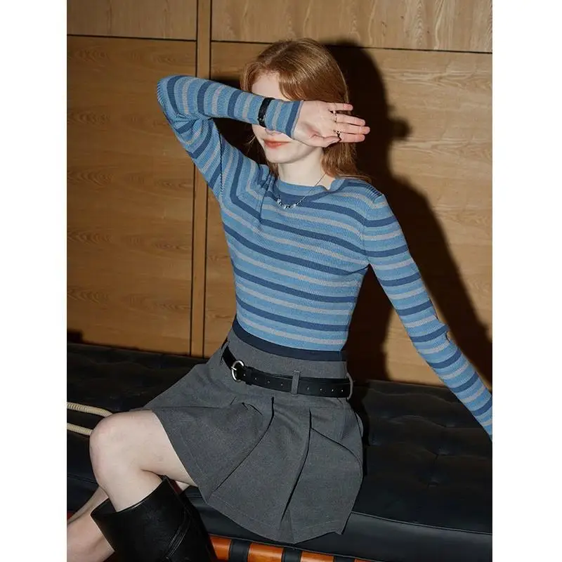 American Sweater Contrast Color Stripe Knit Women 2024 Spring and Autumn New Slim fit Slimming Western Sle All-Match Soft G...