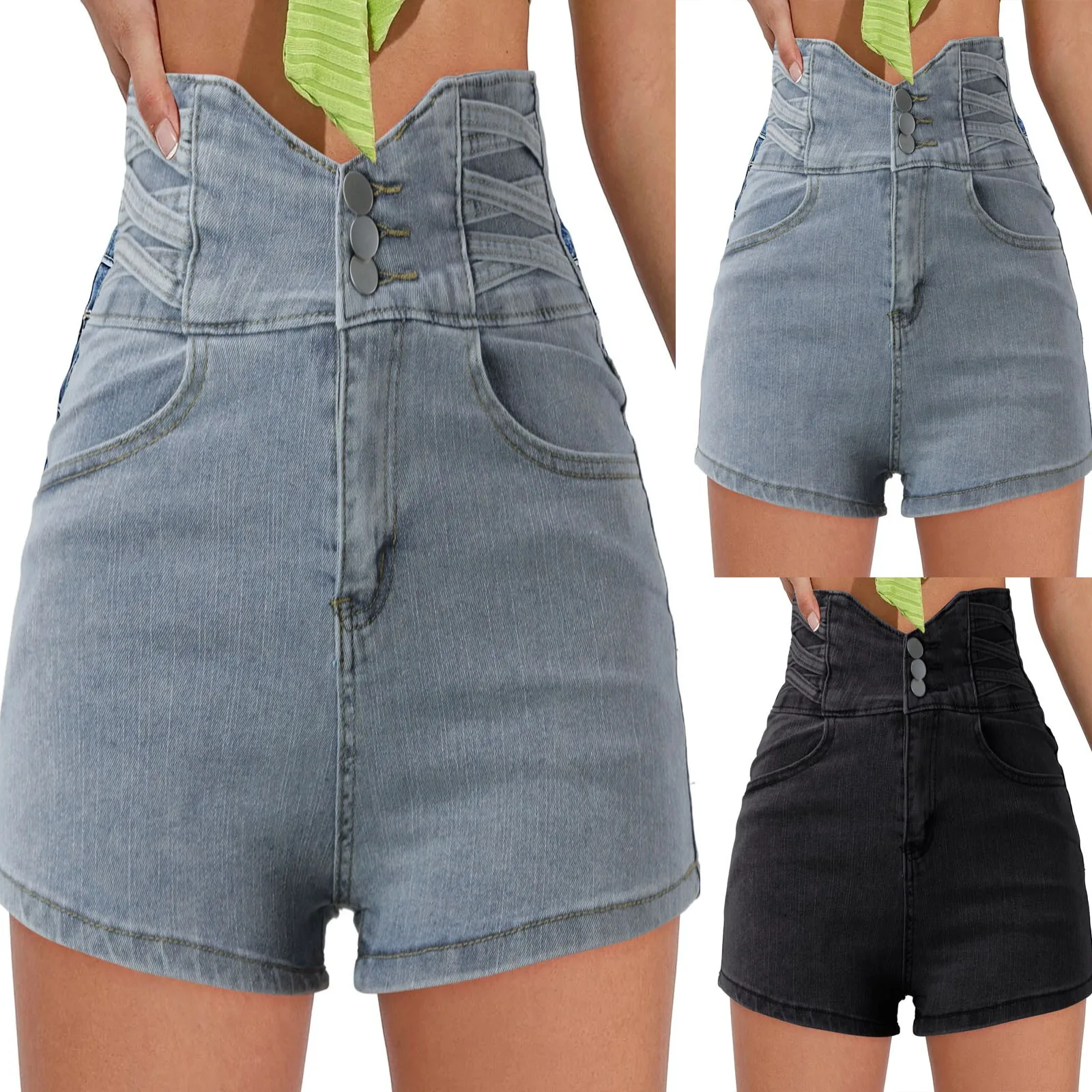 

Спортивная одежда для женщин, шорты, женские летние джинсовые короткие брюки с завышенной талией и пуговицами на завязках для женщин, лето