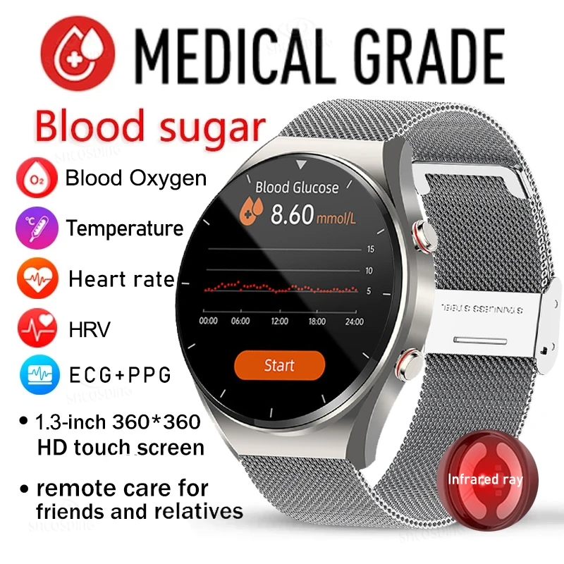 

2023 New Noninvasive Blood Sugar ECG+PPG Smart Watch Men Heart Rate Blood Oxygen Health Smartwatch IP67 Waterproof Sport Watches