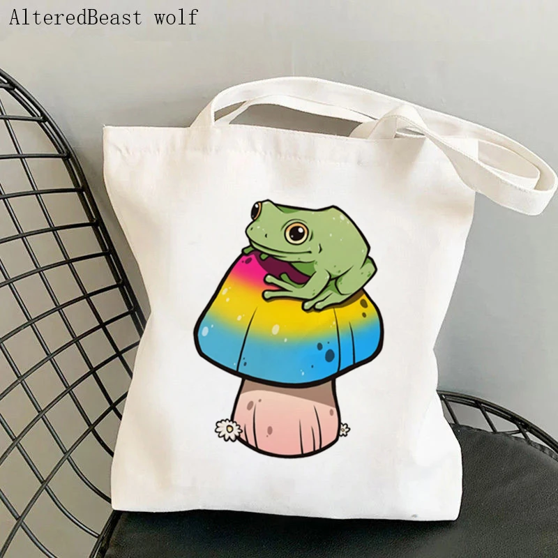 

Women Shopper bag Pansexual Pride Mushroom Frog Kawaii Bag Harajuku Shopping Canvas Shopper Bag girl handbag Shoulder Lady Bag