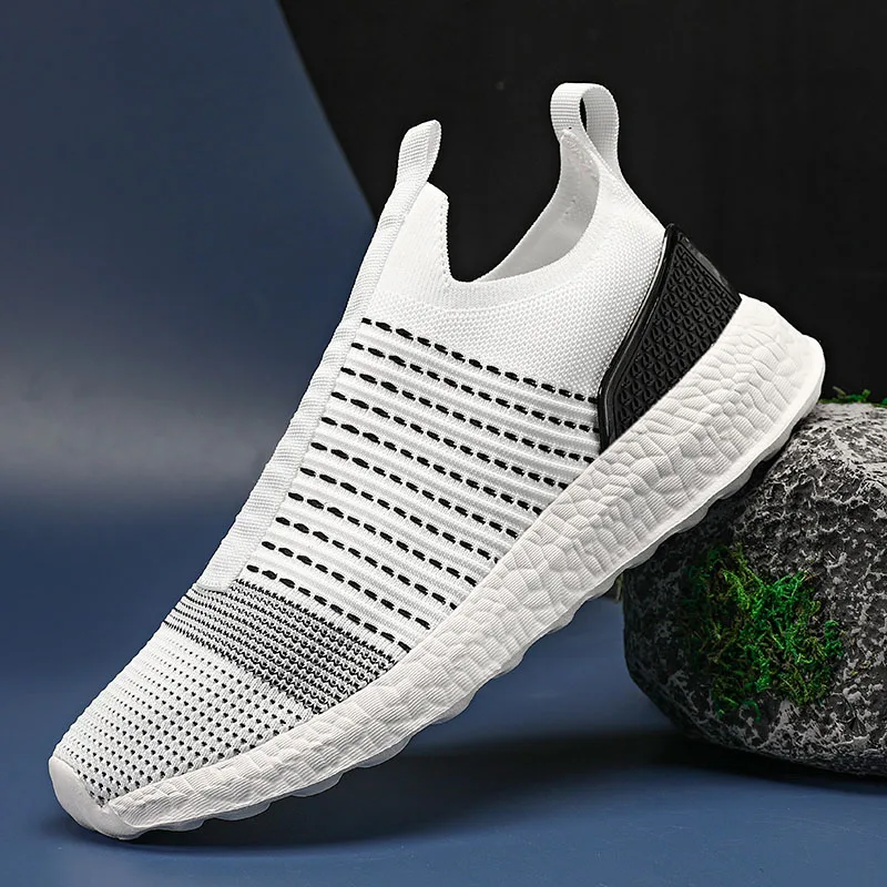

Men Shoes Lightweight Sneakers Men Fashion Casual Walking Shoes Breathable Slip on White Sock Shoes Men Elastic Bottom Sneakers