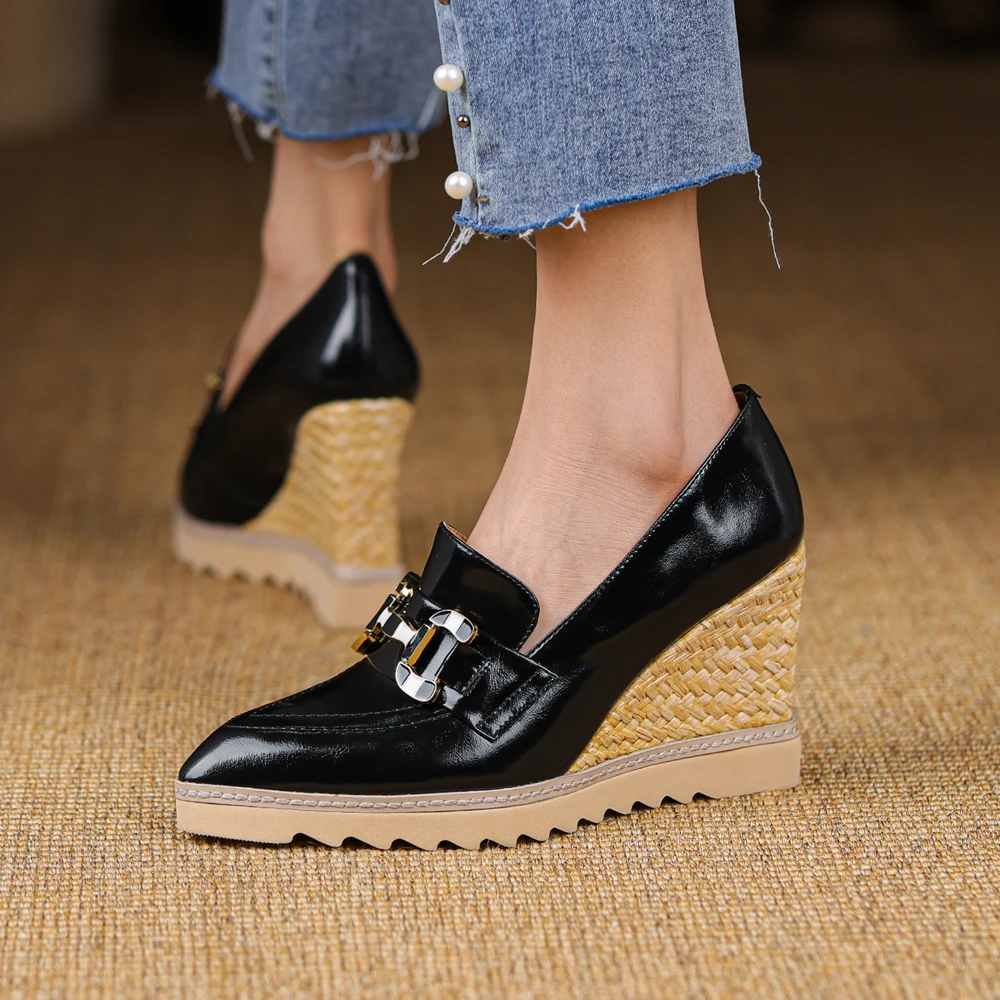 2022 New Fashion Women Leather Slip On Pumps Ladies Pointed Toe Patform Shoes Girls Wedges Shoes High Heel Loafers Black Green