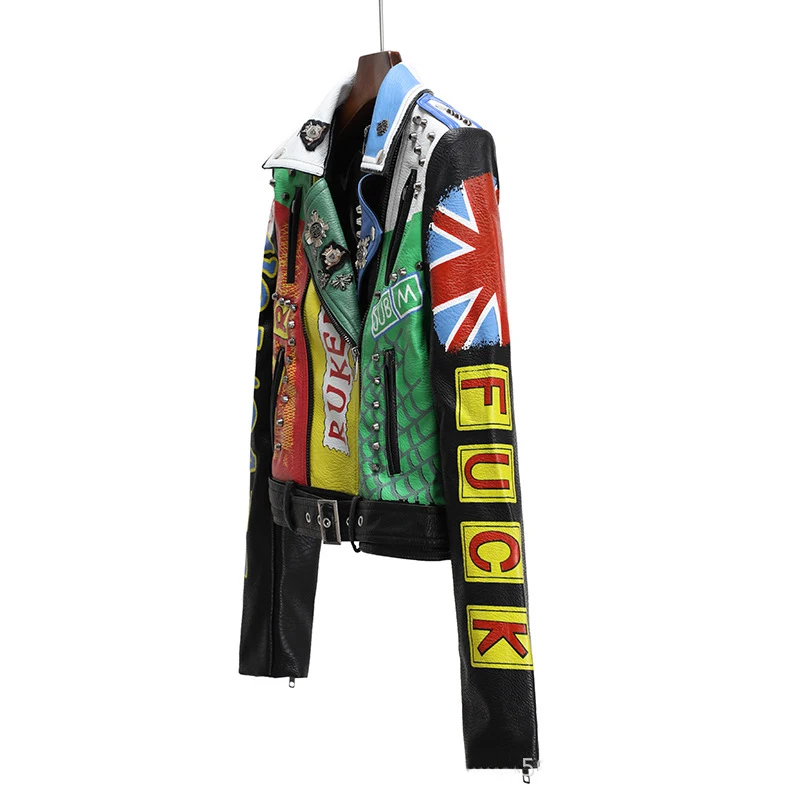 Rock Punk Motorcycle Jackets Women 2023 Trend Streetwear Contrast Stitched Graffiti Print Faux Leather Studded Leather Jacket