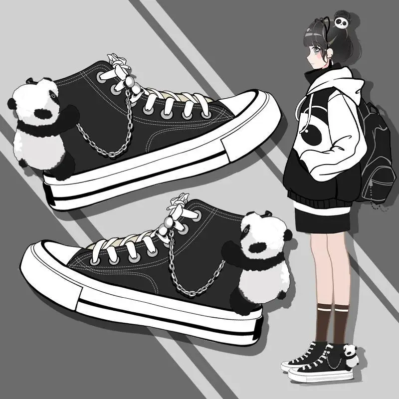 

2023 Ladies Cute Panda Climbing Shoes Women's Black Canvas High Top Sport Sneakers Girls Casual Flat Espadrilles for Women
