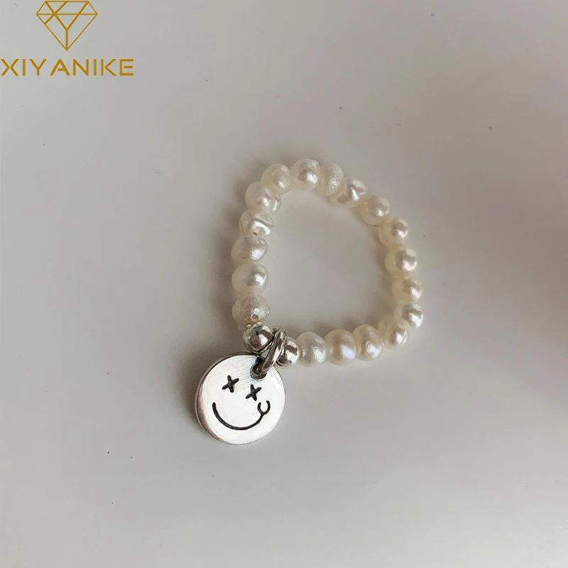 

XIYANIKE 2022 Vintage Happy Smiley Face Rings for Women Pearl Stretch Ring Luxury Fashion Party Jewelry Girl Gift кольцо женское