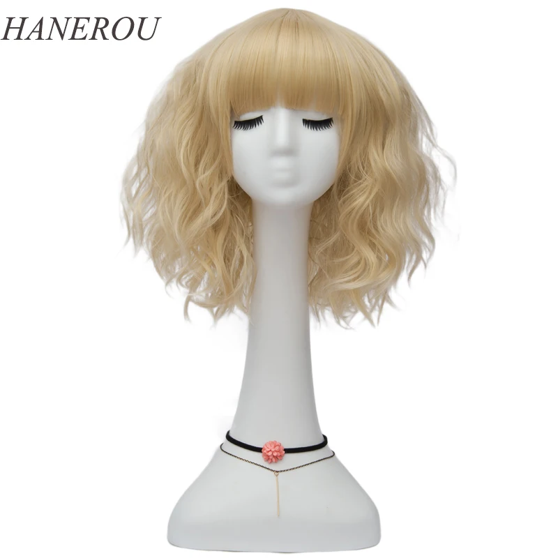 

HANEROU Women Synthetic Cosplay Wig Short Blonde For Party With Bangs Heat Resistant Perruque Bob