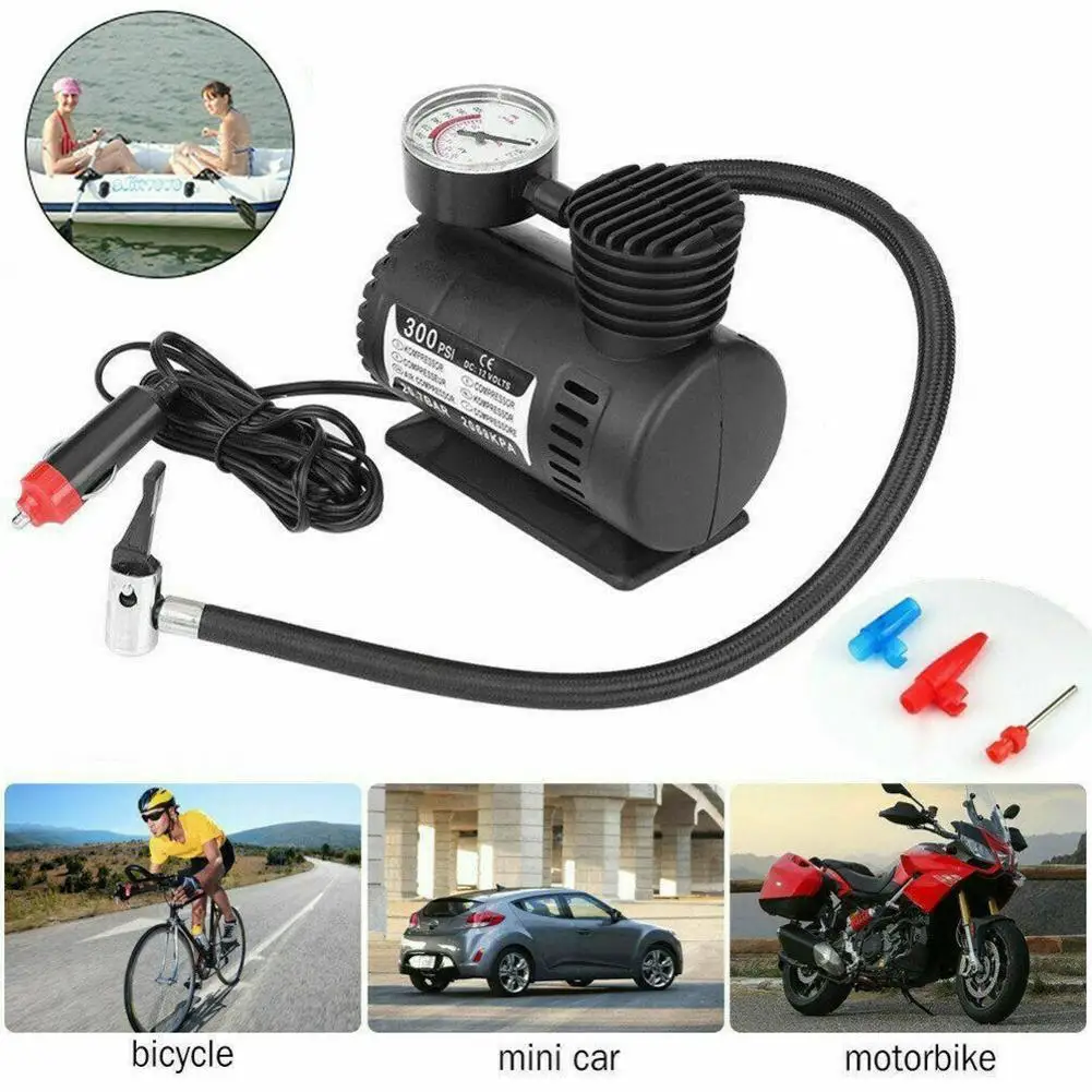 Electric Tire Inflator Pump With Gauge And Inflation Tips Rubber Hose