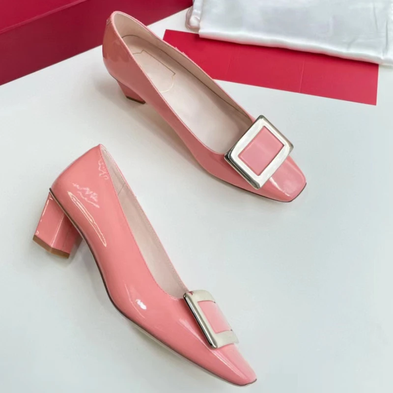 European and American Square Buckle French High Heels Women's 2023 Autumn Square Toe Mid-heel Pumps Women's Shoes