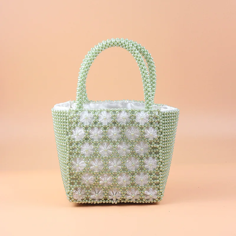 New pearl color transparent flower-shaped heavy industry large-capacity handbag hand-beaded highlight women |