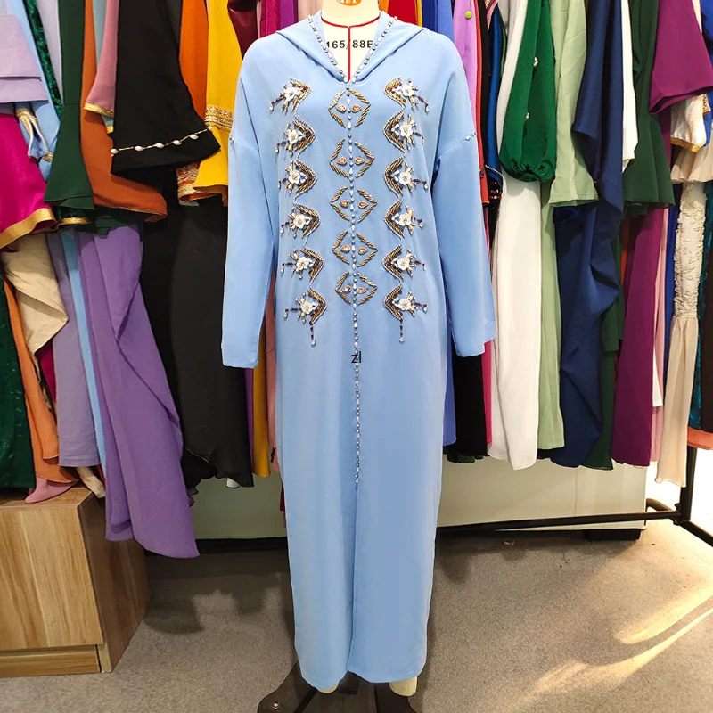 Women's Elegant Party Dresses Rhinestone Hooded Abayat Long Sleeve Split Hem Robe Abaya Ramadan Dress Jalabiya
