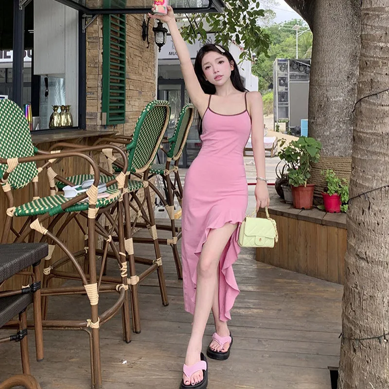 

Модное Привлекательное платье с рюшами, необычное элегантное платье с открытой спиной и разрезом по бокам, длинная юбка с поясом, женская одежда