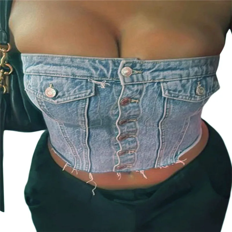 

Женский укороченный джинсовый топ в стиле гранж Y2K, шикарный топ с открытой спиной, открытыми плечами, без бретелек, корсет, топ на пуговицах,...