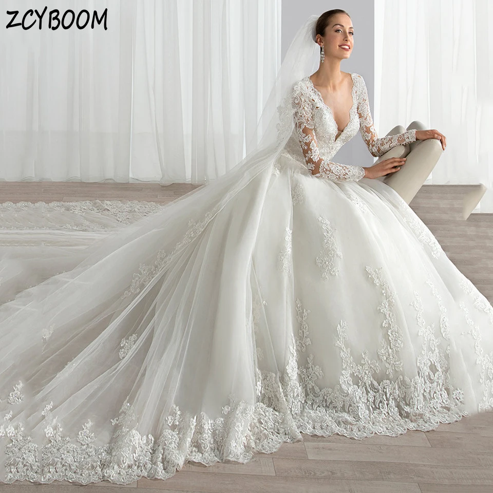 

Elegant V-Neck Appliques Long Sleeves Wedding Dress 2024 White A-Line Floor Length Sweep Train Zipper Custom Made Bridal Gown