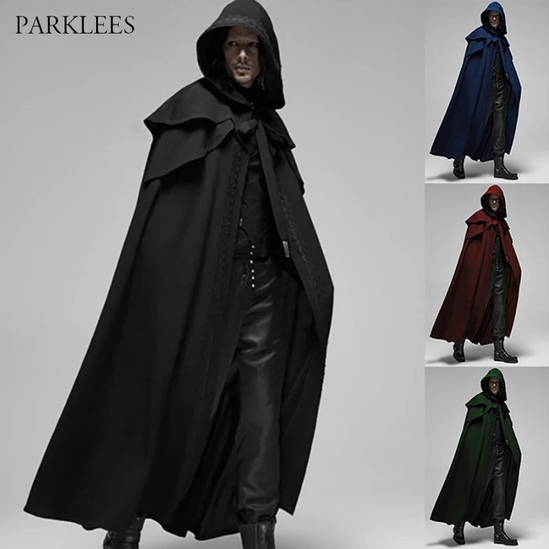 Gothic Men Cloak Elf Coats Hooded Solid Loose Windproof Larp Men's Trench Coat Purim Halloween Chic Winter Long Cape Poncho