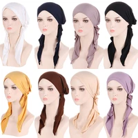 solid color muslim women inner hijabs cap arab wrap head scarf turban bonnet long tail headscarf hat pre tied cap headwear