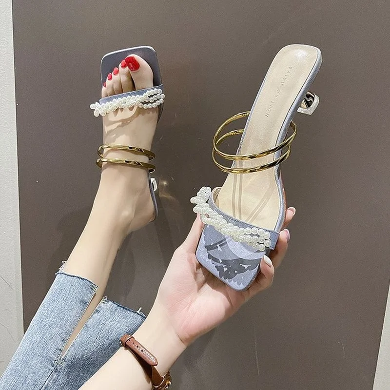 

Fashion Square Crystal Heels Pearl Women Sandals 2022 Lace Ruffles String Bead High Heels Open Toe Fairy Style Female Slippers