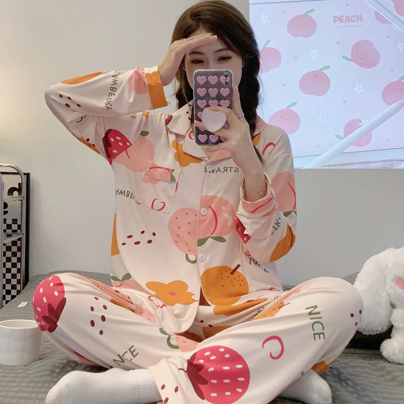 CAIYIER Sweet Winter Sleepwear Girls Kawaii Korean Nightwear Women Long Sleeve Top + Trsouers Soft Pajamas Set Chic Homewear