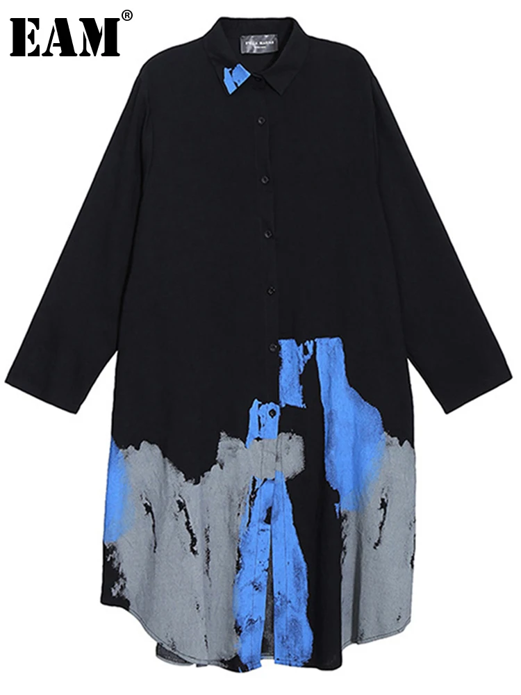 [EAM] женское черное платье с принтом большого размера длинное отворотом длинный
