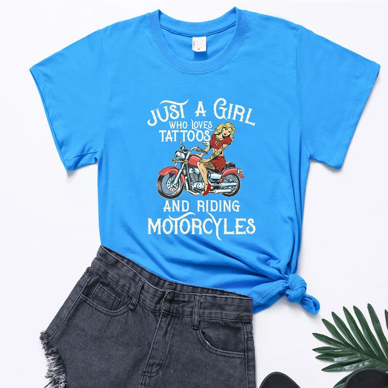 

Womens Biker girl t shirt women clothing just a girl who loves tattoos and motorcycles T-Shirt women tops fashion female clothes