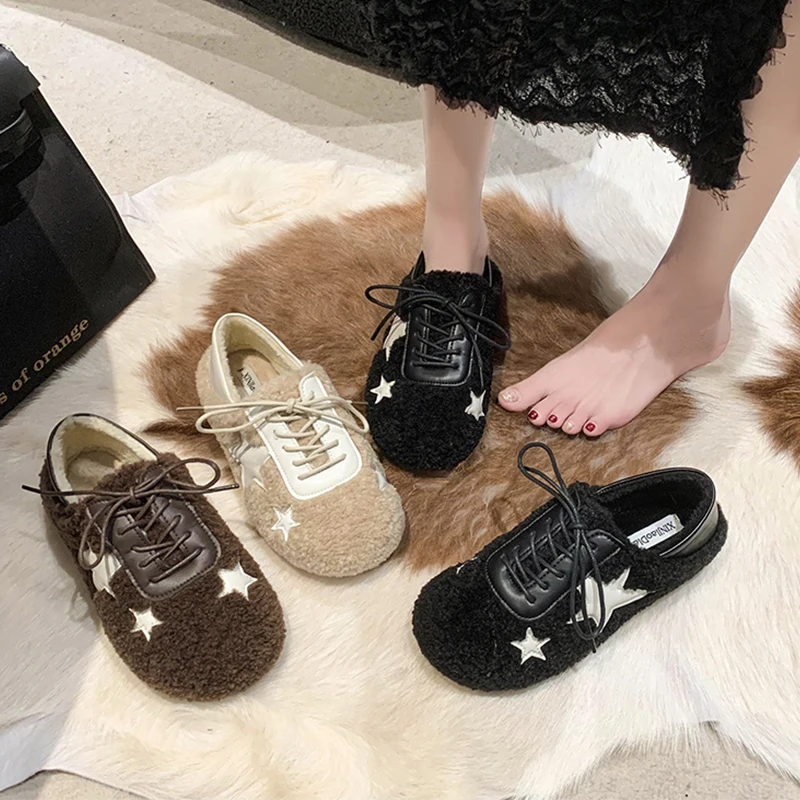 

Luxury Star Patch Lambswool Sneakers Woman Winter Warm Plush Furry Flat Shoes Ladies Brand Design Lace-up Shearling Zapatos