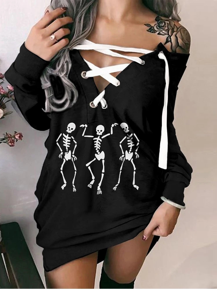 

Dress For Women 2022 Autumn Casual Halloween Skeleton Print Eyelet Lace-up Sweatshirt Dress Vestidos De Mujer Elegant Mini Robe