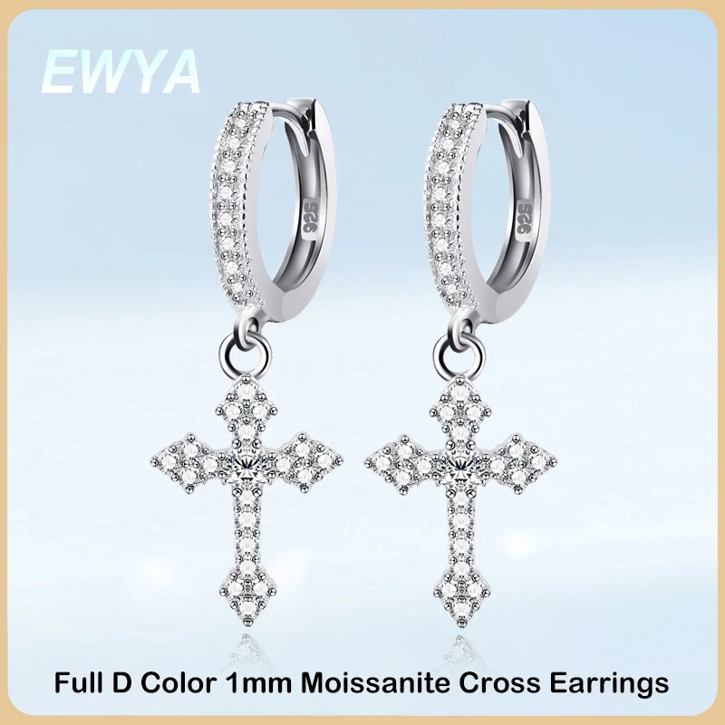 

EWYA D Color Full Moissanite Cross Drop Earrings for Women Girls S925 Silver All Diamond Dangle Earring Fine Jewelry Wholesale
