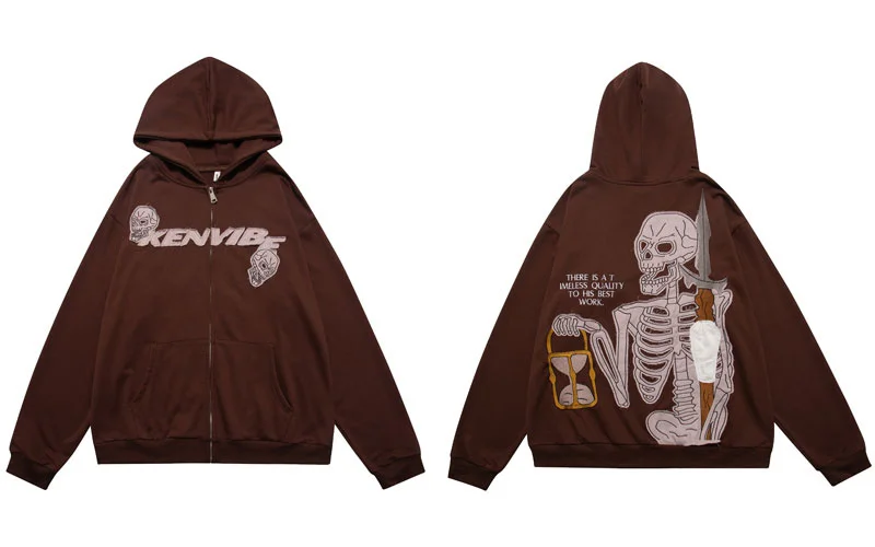 Up Hip Hop Hoodie Zip Sweatshirt Jacket Y2K Grunge Vintage Embroidery Skull Skeleton Hooded Coat Harajuku Cotton Punk Gothic Top
