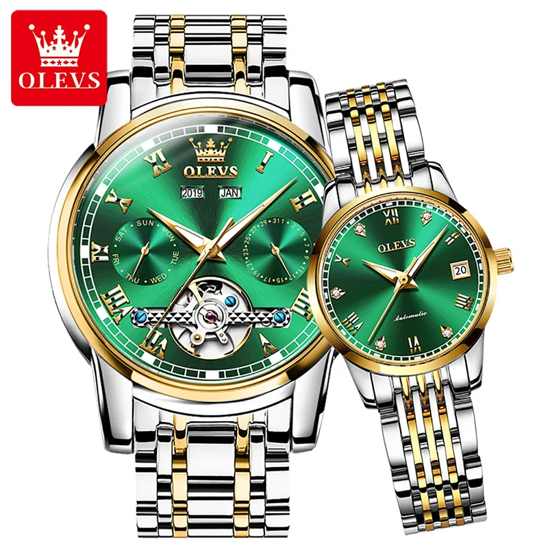 

OLEVS 6607 Automatic Mechanical Hollow-carved Watch For Couple, Fashion Stainless Steel Strap Waterproof Couple Wristwatch