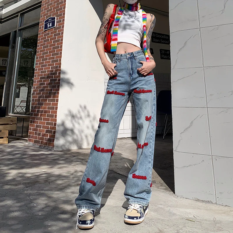 

Женские прямые джинсы Y2K в стиле хип-хоп с Вышивкой Букв, винтажные прямые мешковатые джинсовые брюки, Мужская Уличная одежда, брюки с широкими штанинами, 2023