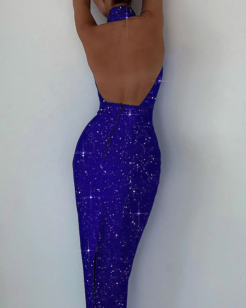 

Женское платье с перекрестной лямкой на шее, вечернее длинное облегающее платье синего цвета с открытой спиной, блестками и высокой талией, без рукавов, для вечеринки