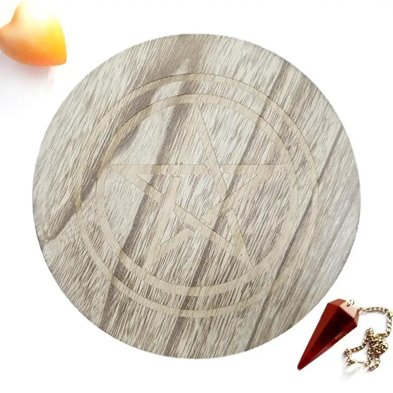 

Pendulum Board Round Wooden Carving Board Five-pointed Star Wooden Tray Candle Holder For Divination Wicca Meditation Altar Tile