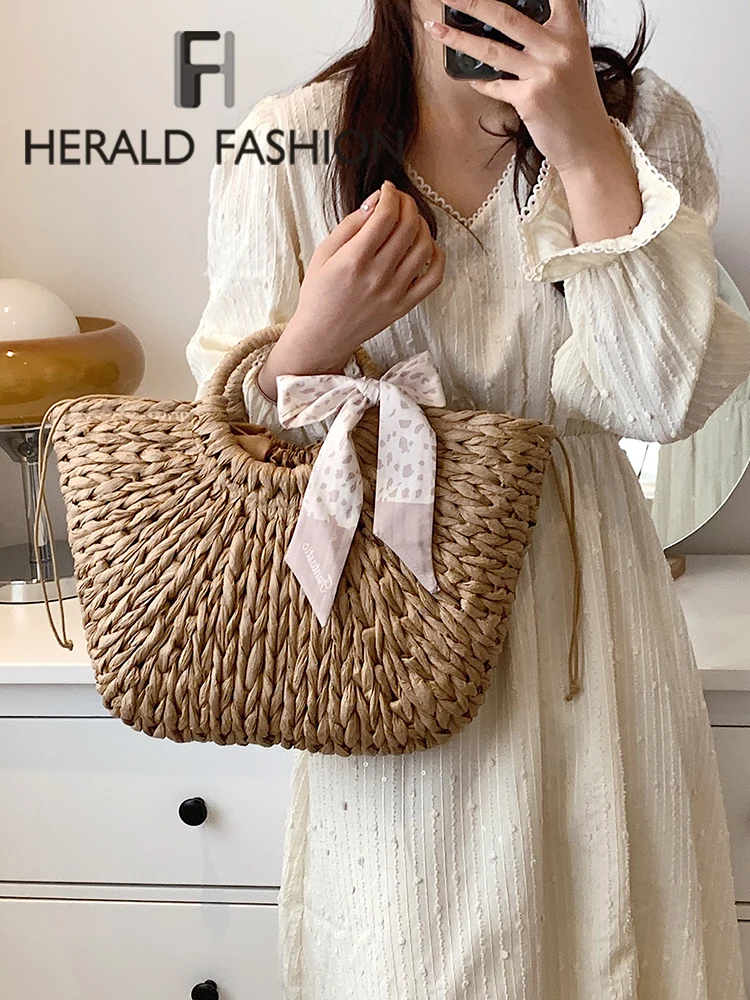 

Summer Woven Tote Bags for Women Straw Shoulder Bag Silk Scarf Decoration Handbags All Match Trendy Ladies Beach Shopping Bag