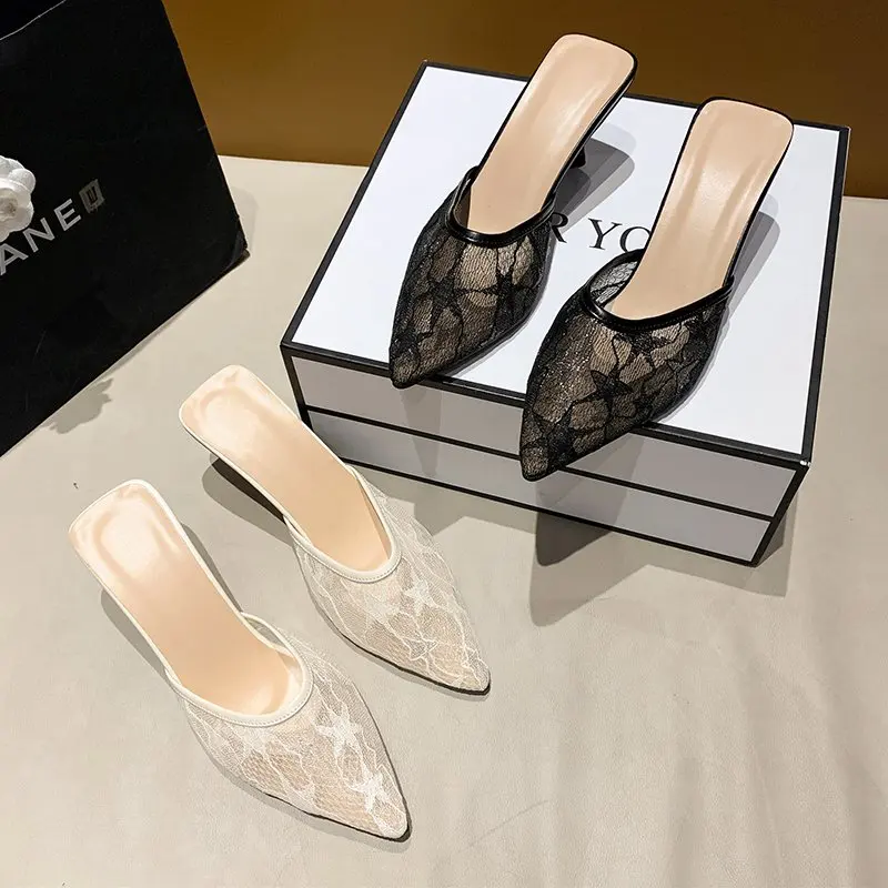 

Women Slippers Air Mesh Pointed Toe Thin Heel Slides Stars Summer Cool Ventilation Shoes Plus Size 41 42