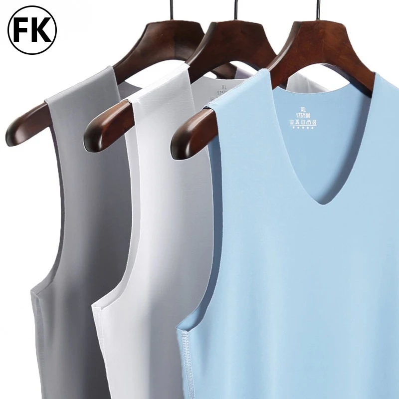 FK Ice Silk Mens Underwear Sleeveless Summer Tank Top Solid Muscle Vests Seamless Undershirts Male Gymclothing Men's Vest 3PCS