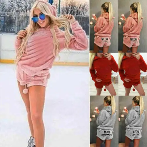 

Fashion Women Sets Sweatshirt Pants Sets Cute Cat Jacket Soft Cat Fur Hooded Pajamas Jumpsuit Pajamas Winter Warm Sleepwear