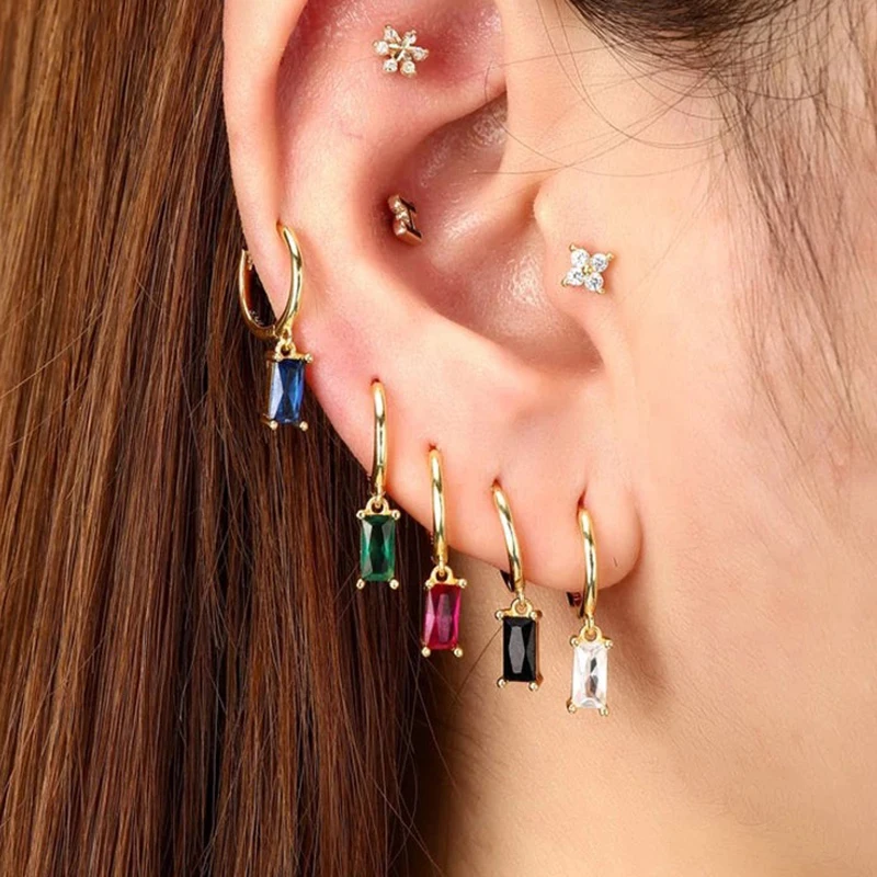 New Ins Stainless Steel Rectangular Zircon Small Circle Korean Punk Pendant Earrings Earrings Women's Wedding Jewelry Gift