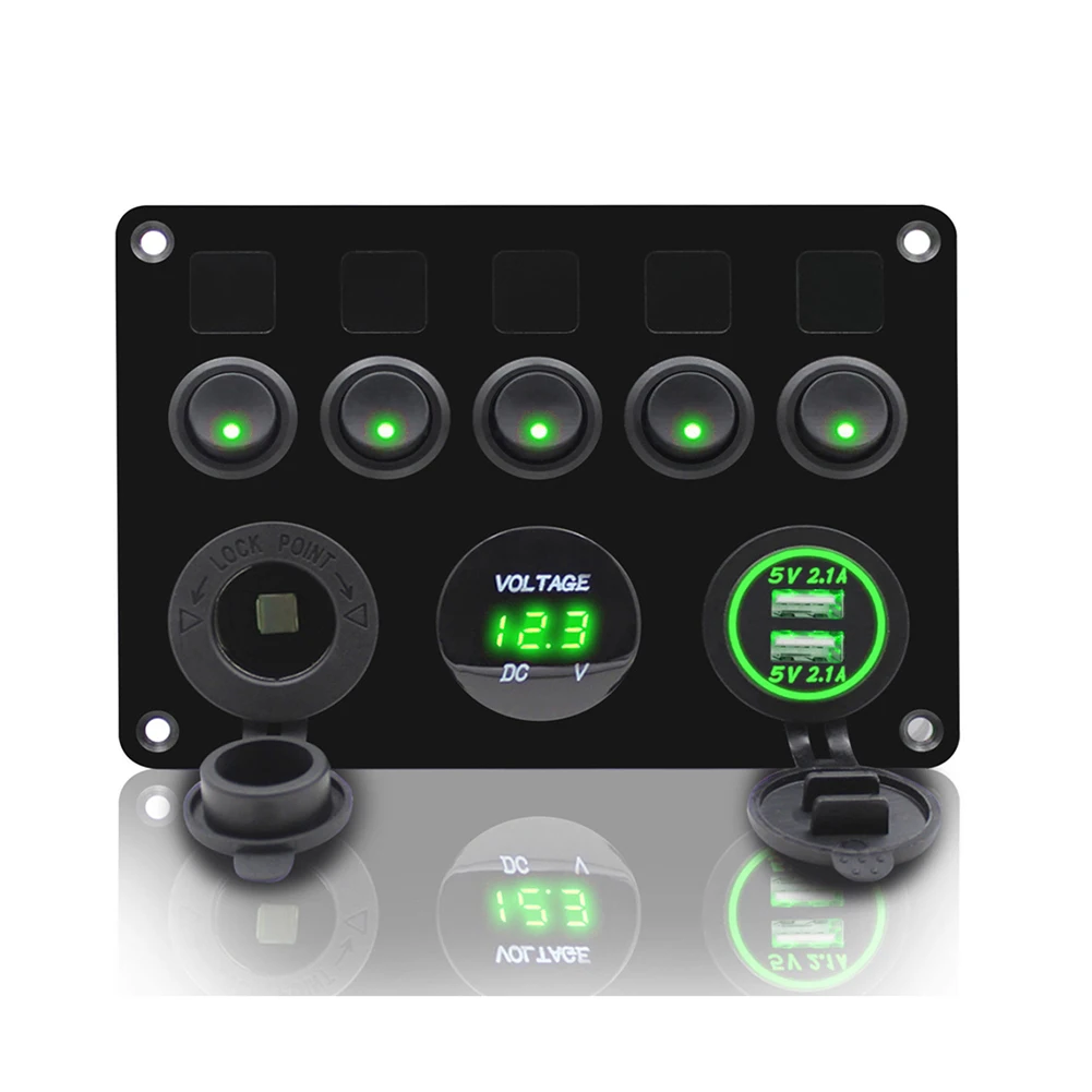 

5 Gang LED Switch Panel 12V Power Outlet 4.2A USB Charger Digital Voltmeter Toggle Switch Control For Boat Camper Marine RV