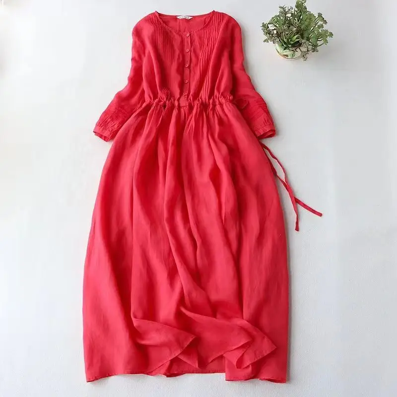 

Cotton Dresses Women 2023 New Spring Summer Chic Casual Loose Flax Dresses Oversized Lace Up Minimalist Solid Sundress Vestidos