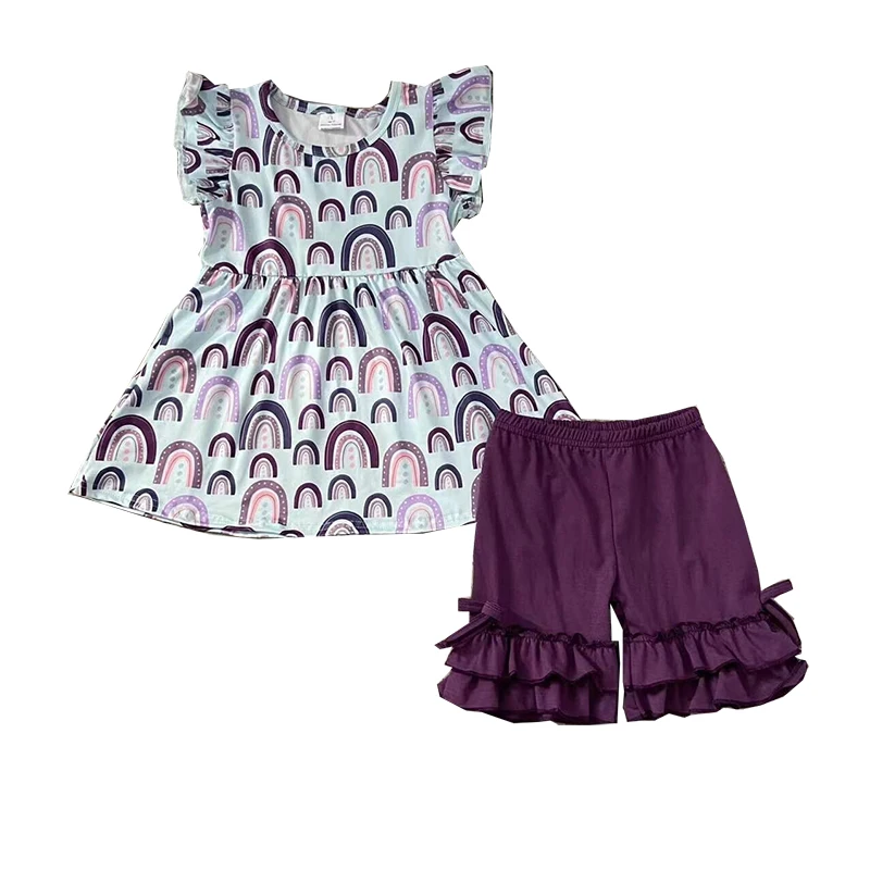 

Оптовая продажа, детская одежда, радужная туника с рукавами и жемчужинами, модные шорты, наряды