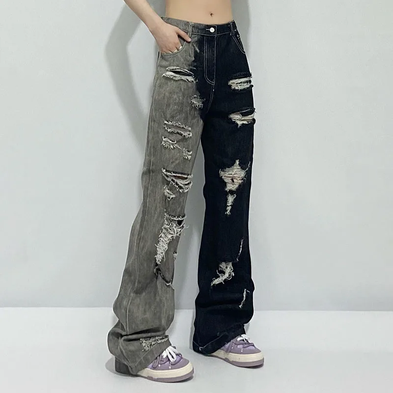 Women's Jeans 2022 Korean Fashion New in Washed Distressed Jeans Contrast Straight Pants Streetwear Bell-bottoms Cargo Pant y2k