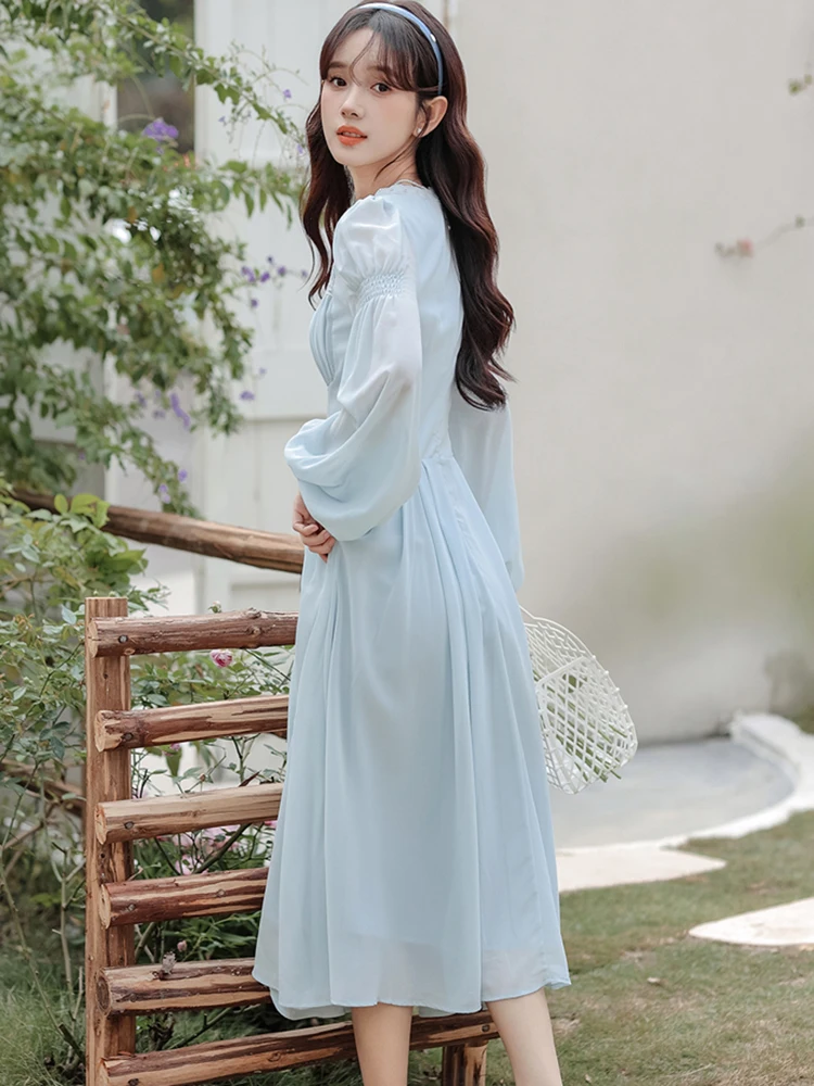 Новинка 2024 синее элегантное кружевное длинное платье с квадратным вырезом