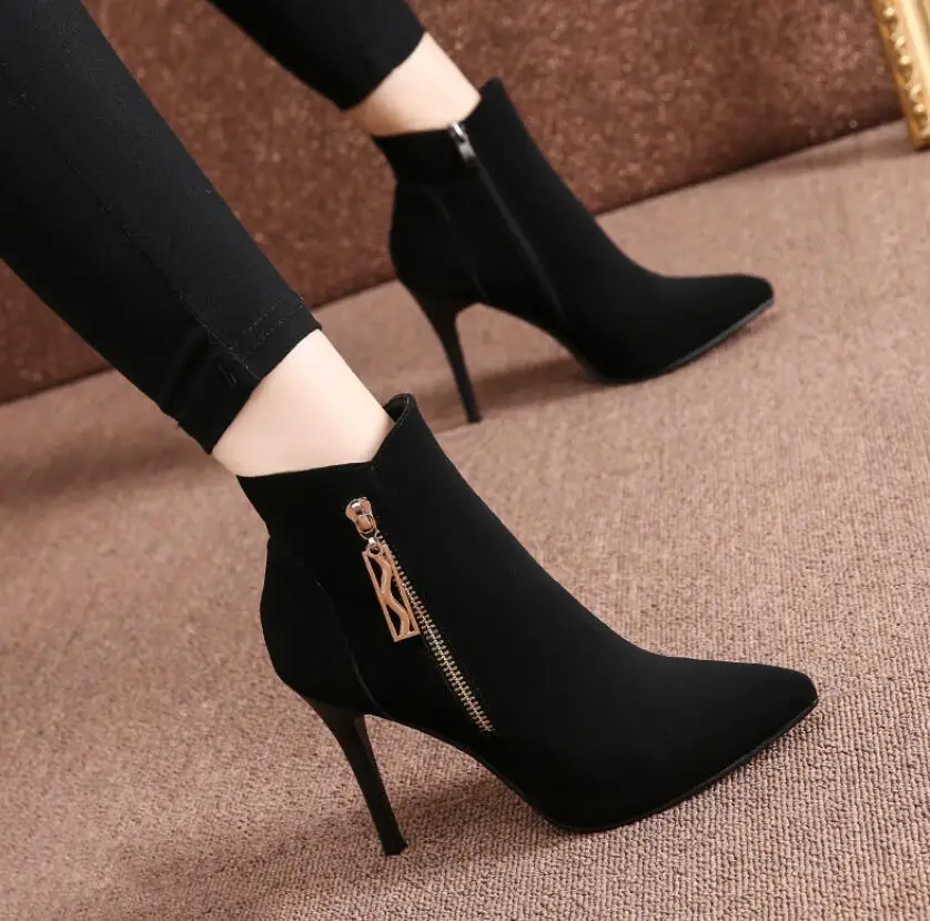 

Женские осенне-зимние черные ботильоны, женские зимние черные сапоги на шпильке, сапоги из эластичной ткани на высоком каблуке, женские сексуальные сапоги