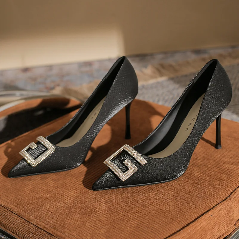

Women's shoes Pointed toe high heelsstiletto heel winter all-match gradient shallow mouth rhinestone square buckle satin single